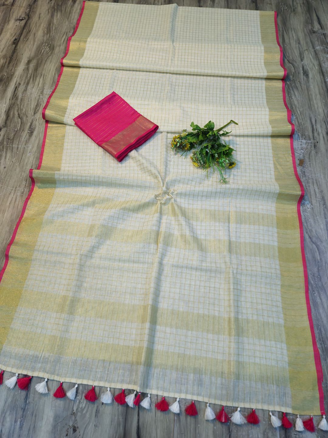 Lakshmi- LINEN ZARI SAREE / Half white - pink - Image 2