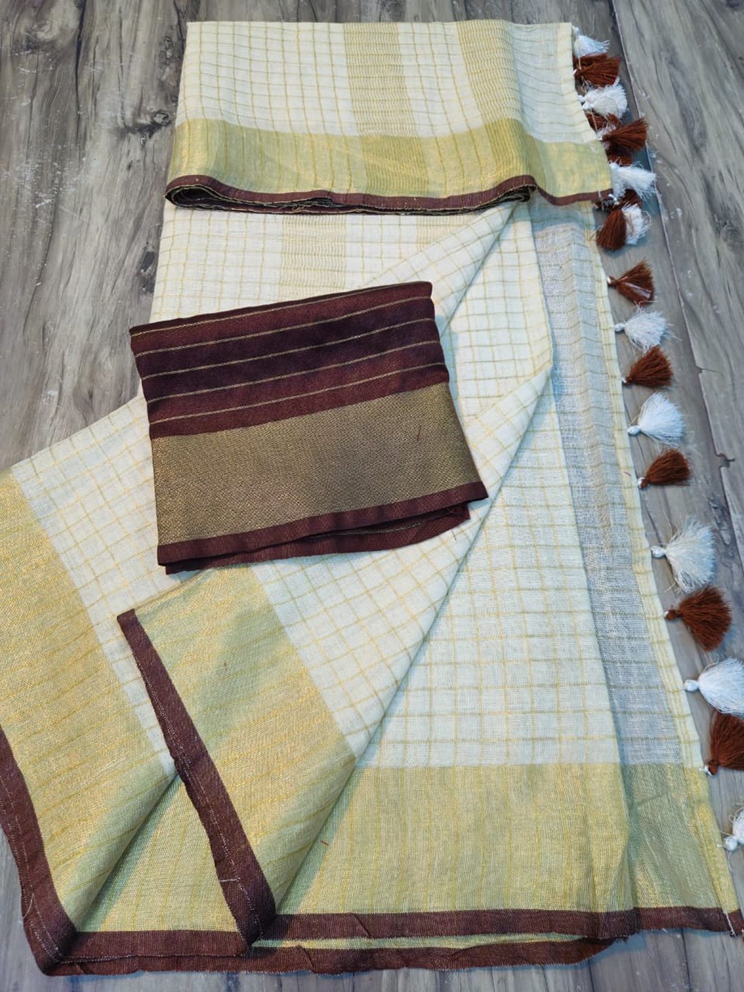 Lakshmi- LINEN ZARI SAREE / Half white - brown (Copy) - Image 3