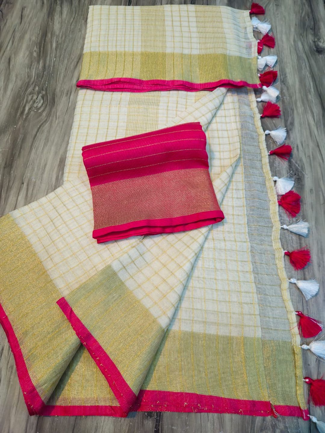 Lakshmi- LINEN ZARI SAREE / Half white - pink - Image 3