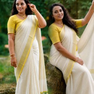 Lakshmi- LINEN ZARI SAREE / Half white - Yellow
