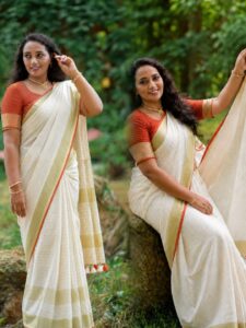 Lakshmi- LINEN ZARI SAREE / Half white - Orange