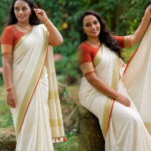 Lakshmi- LINEN ZARI SAREE / Half white - Orange