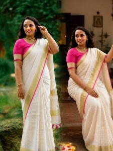 Lakshmi- LINEN ZARI SAREE / Half white - pink