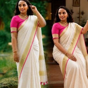 Lakshmi- LINEN ZARI SAREE / Half white - pink