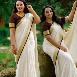 Lakshmi- LINEN ZARI SAREE / Half white - brown (Copy)