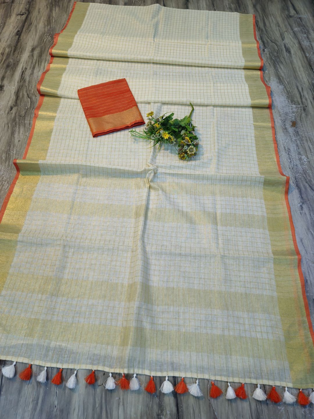 Lakshmi- LINEN ZARI SAREE / Half white - Orange - Image 3