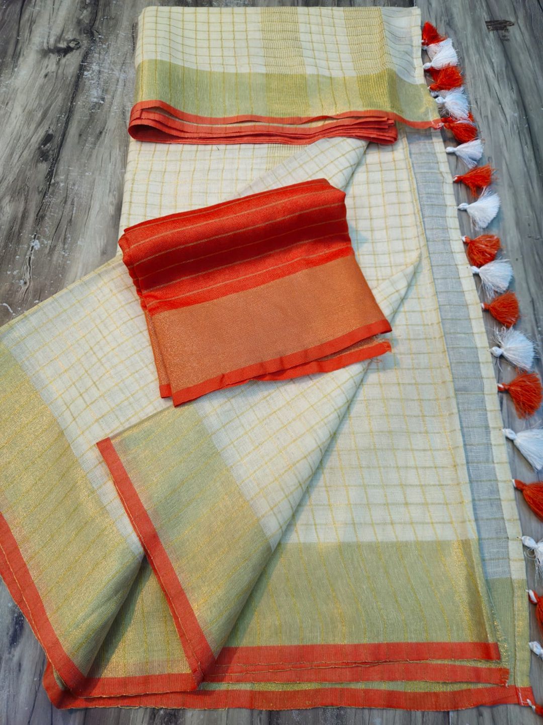 Lakshmi- LINEN ZARI SAREE / Half white - Orange - Image 2